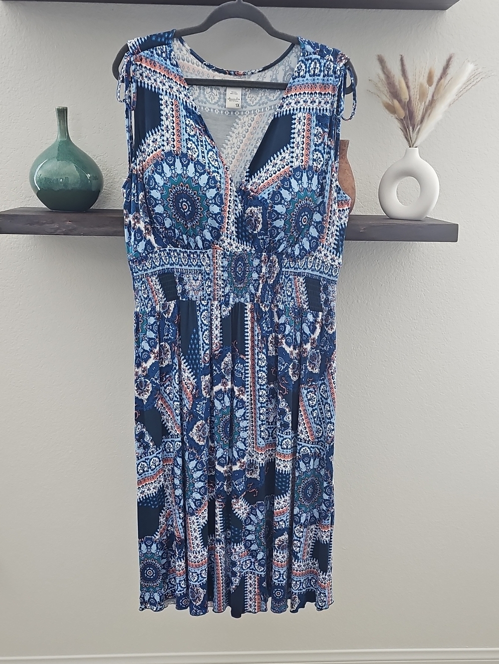 American Rag Medallion Faux Wrap Scrunched Waist Midi Dress Blue Orange 1X